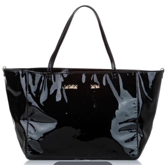 • Valentino Garavani • Black Patent Leather Satchel Tote Handbag Rockstud Silver